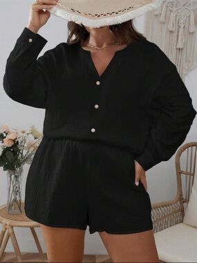 SHEIN Black Button-Front Two-Piece Lounge Set